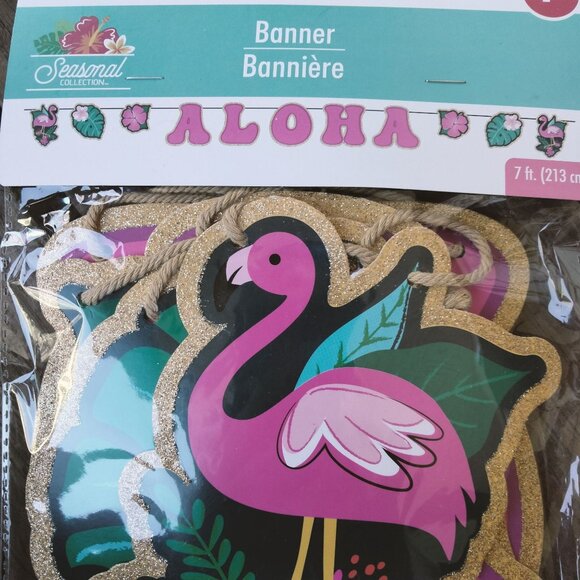 Aloha Flamingo Banner Party Decoration 7 ft Tropical Pink Gold Glitter - Picture 2 of 6
